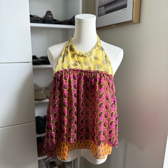 NWT Zara Pink and Yellow Colorful Peplum Boho Halter Neck Open Back Top Size L - Picture 4 of 12